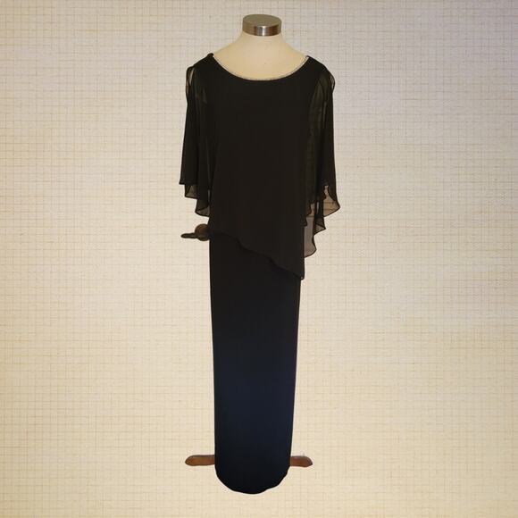 MSK Elegant Cocktail Black Maxi Dress Chiffon Shawl Bedazzled Neckline - Picture 1 of 7